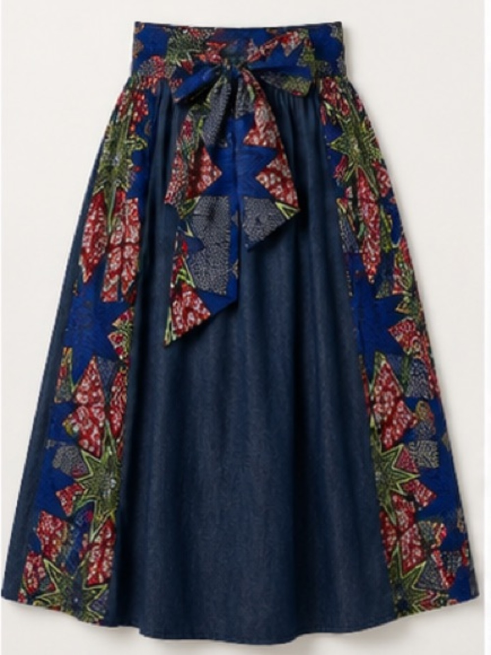 NWT Free Size Denim & Ankara Print Maxi Skirt | Pockets | Bow Tie Waist